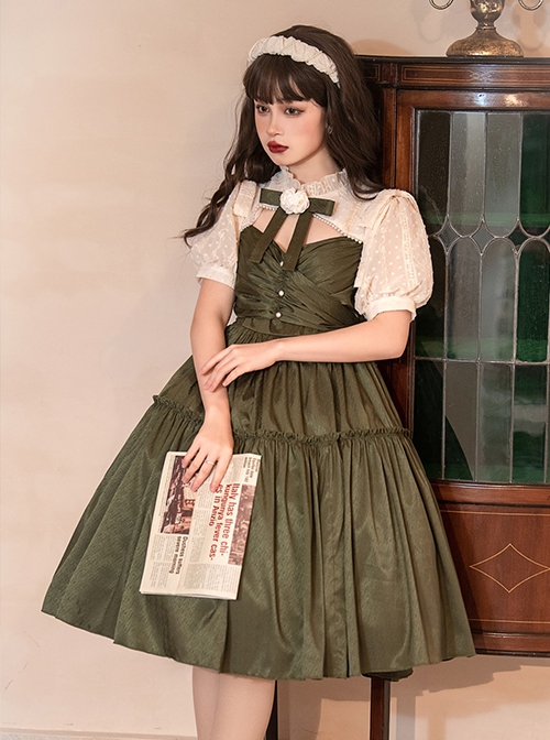 Love And Poetry Series Elegant Daily Fake Two Piece Puff Sleeve Stand Collar Cutout Design Classic Lolita Short Sleeve Dress