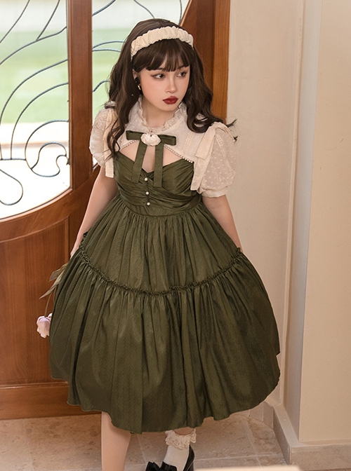 Love And Poetry Series Elegant Daily Fake Two Piece Puff Sleeve Stand Collar Cutout Design Classic Lolita Short Sleeve Dress