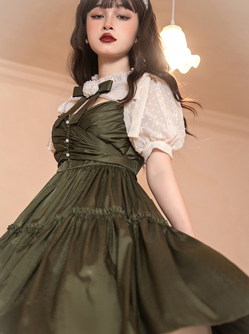 Love And Poetry Series Elegant Daily Fake Two Piece Puff Sleeve Stand Collar Cutout Design Classic Lolita Short Sleeve Dress