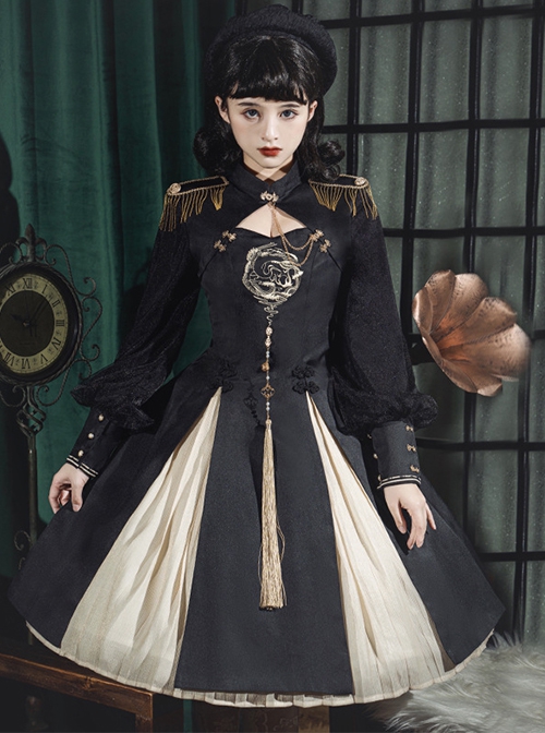 Black Chinoiserie Stand Collar Metal Chain Epaulets Embroidery Long Tassel Accessories Classic Lolita Long Sleeve Dress