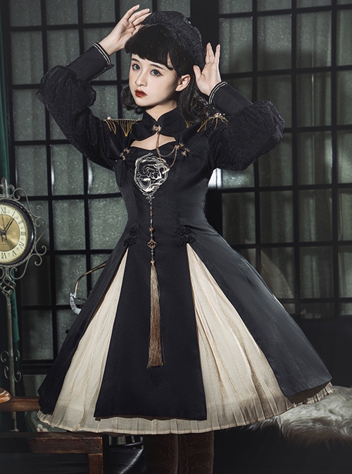 Black Chinoiserie Stand Collar Metal Chain Epaulets Embroidery Long Tassel Accessories Classic Lolita Long Sleeve Dress