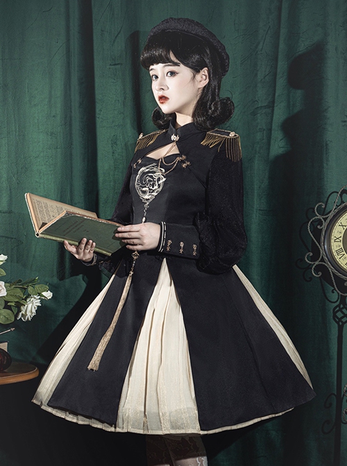 Black Chinoiserie Stand Collar Metal Chain Epaulets Embroidery Long Tassel Accessories Classic Lolita Long Sleeve Dress