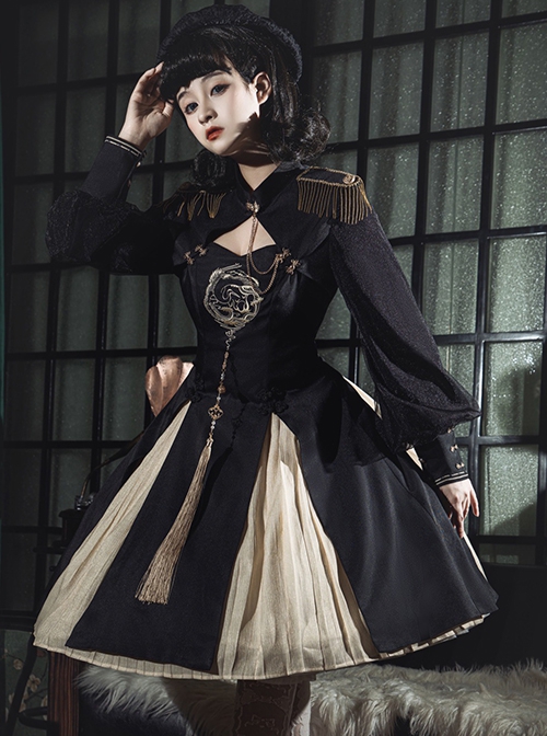 Black Chinoiserie Stand Collar Metal Chain Epaulets Embroidery Long Tassel Accessories Classic Lolita Long Sleeve Dress