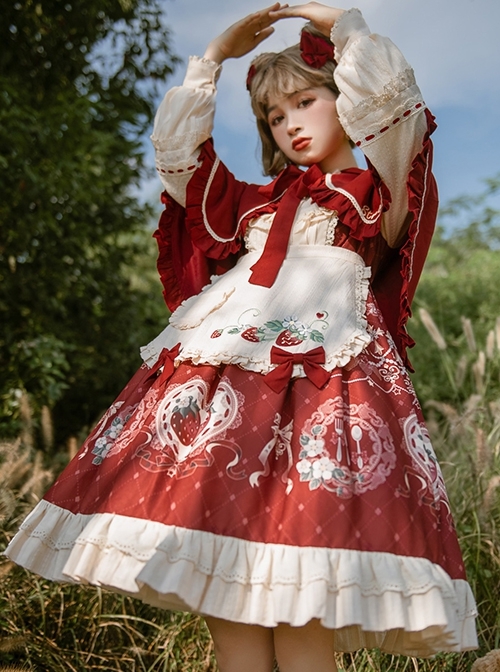 Strawberry Diary Series Sweet Cute Autumn Winter Strawberry Print Strawberry Embroidered Lace Bow Decoration Apron Sweet Lolita Long Sleeve Dress