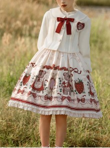 Cute Strawberry Bear Print Red Bow White Lace Hem Design Long Sleeve Coat Sweet Lolita Sleeveless Dress Suit