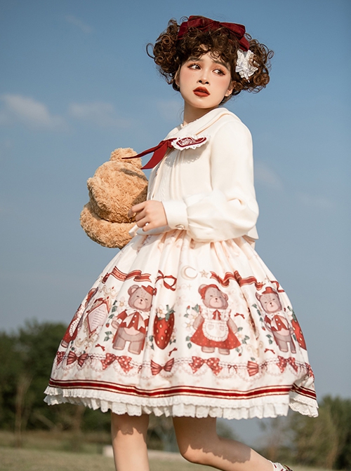 Cute Strawberry Bear Print Red Bow White Lace Hem Design Long Sleeve Coat Sweet Lolita Sleeveless Dress Suit