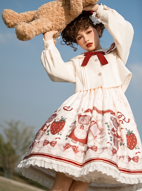 Cute Strawberry Bear Print Red Bow White Lace Hem Design Long Sleeve Coat Sweet Lolita Sleeveless Dress Suit