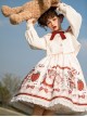 Cute Strawberry Bear Print Red Bow White Lace Hem Design Long Sleeve Coat Sweet Lolita Sleeveless Dress Suit