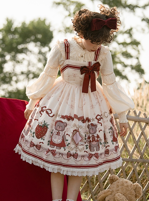 Cute Strawberry Bear Print Red Bow White Lace Hem Design Long Sleeve Coat Sweet Lolita Sleeveless Dress Suit