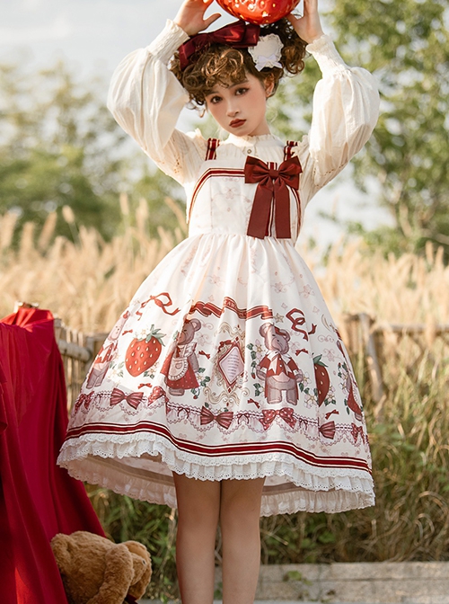 Cute Strawberry Bear Print Red Bow White Lace Hem Design Long Sleeve Coat Sweet Lolita Sleeveless Dress Suit