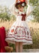 Cute Strawberry Bear Print Red Bow White Lace Hem Design Long Sleeve Coat Sweet Lolita Sleeveless Dress Suit