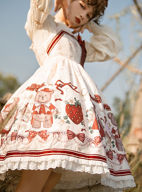 Cute Strawberry Bear Print Red Bow White Lace Hem Design Long Sleeve Coat Sweet Lolita Sleeveless Dress Suit