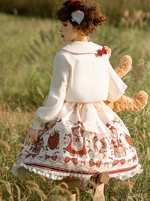 Cute Strawberry Bear Print Red Bow White Lace Hem Design Long Sleeve Coat Sweet Lolita Sleeveless Dress Suit