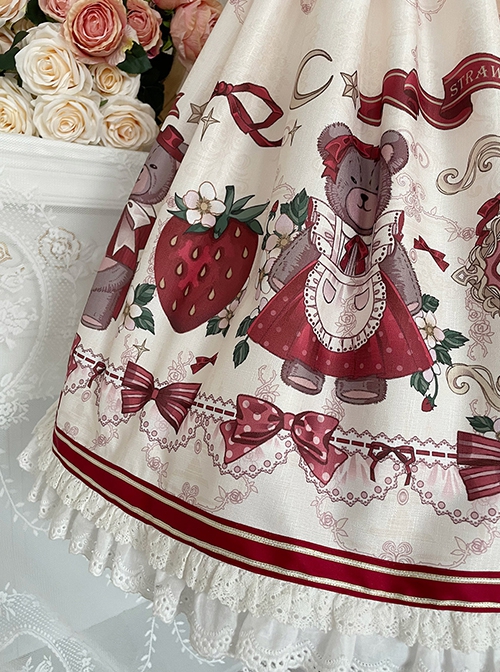 Cute Strawberry Bear Print Red Bow White Lace Hem Design Long Sleeve Coat Sweet Lolita Sleeveless Dress Suit