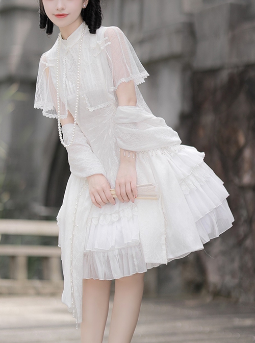 Fengming Series Chinese Style Pure White Elegant Stand Collar Improved Cheongsam Classic Lolita Sleeveless Dress