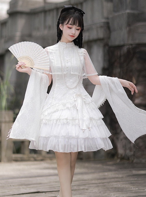 Fengming Series Chinese Style Pure White Elegant Stand Collar Improved Cheongsam Classic Lolita Sleeveless Dress