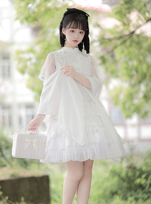 Fengming Series Chinese Style Pure White Elegant Stand Collar Improved Cheongsam Classic Lolita Sleeveless Dress