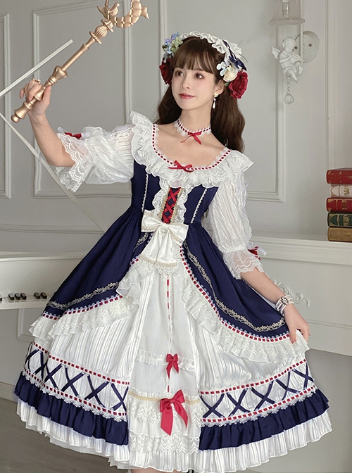 Gorgeous Lace Bow-Knot Ribbons Decorate Paneled Multi-Layer Hem Classic Lolita Short Sleeve Dress