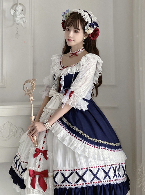 Gorgeous Lace Bow-Knot Ribbons Decorate Paneled Multi-Layer Hem Classic Lolita Short Sleeve Dress