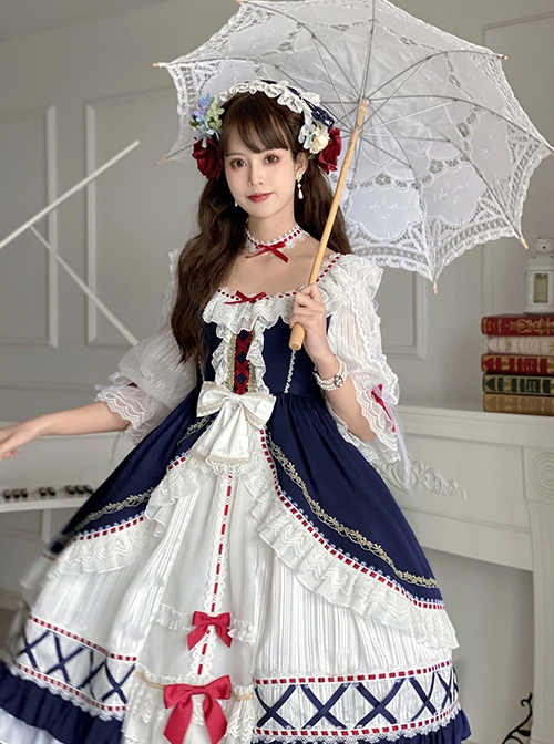 Gorgeous Lace Bow-Knot Ribbons Decorate Paneled Multi-Layer Hem Classic Lolita Short Sleeve Dress