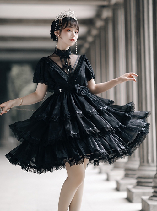 Solid Color Translucent V-Neck Design Bow-Knot Multi-Layer Lace Hem Elegant Classic Lolita Short Sleeve Dress