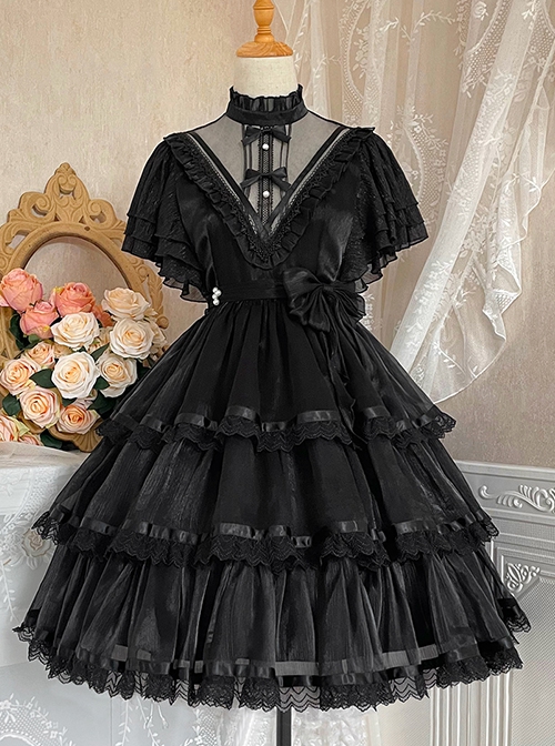 Solid Color Translucent V-Neck Design Bow-Knot Multi-Layer Lace Hem Elegant Classic Lolita Short Sleeve Dress