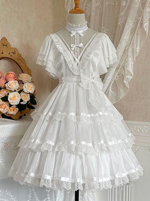 Solid Color Translucent V-Neck Design Bow-Knot Multi-Layer Lace Hem Elegant Classic Lolita Short Sleeve Dress