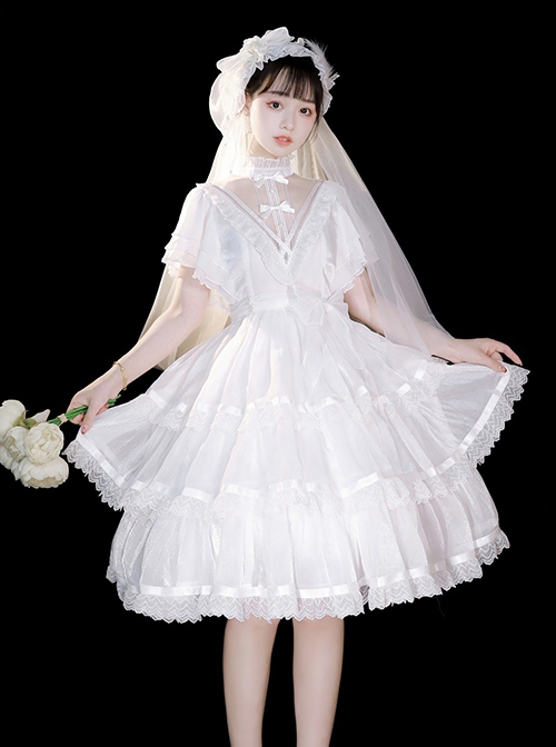 Solid Color Translucent V-Neck Design Bow-Knot Multi-Layer Lace Hem Elegant Classic Lolita Short Sleeve Dress