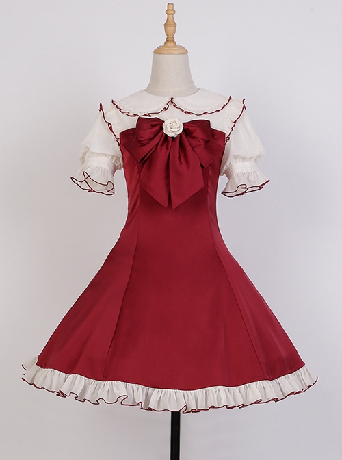 Doll Collar Chest Red Big Bow Puff Sleeves Ruffled Hem Design Classic Lolita Short Sleeve Dress