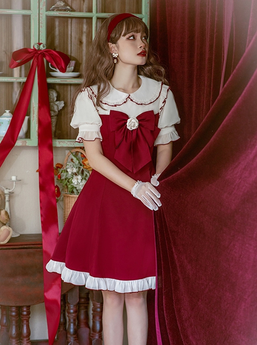 Doll Collar Chest Red Big Bow Puff Sleeves Ruffled Hem Design Classic Lolita Short Sleeve Dress