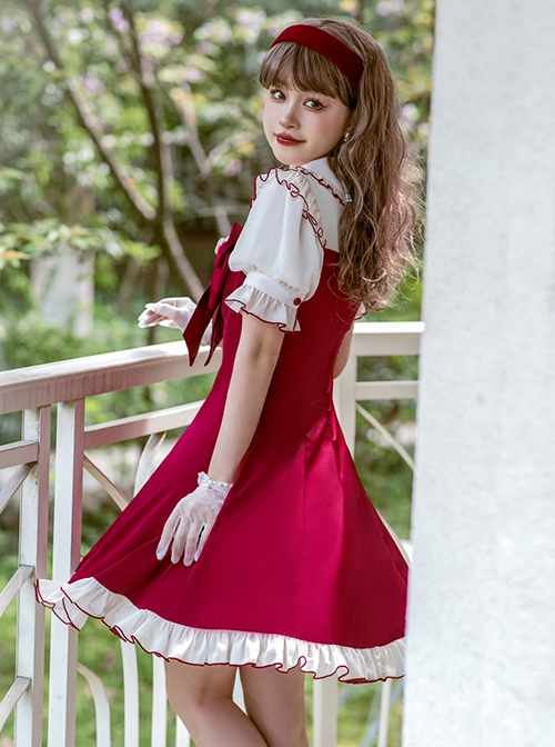 Doll Collar Chest Red Big Bow Puff Sleeves Ruffled Hem Design Classic Lolita Short Sleeve Dress