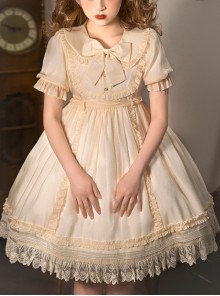 Solid Color Retro Doll Collar Summer Bow Puff Sleeve Lace Hem Classic Lolita Short Sleeve Dress