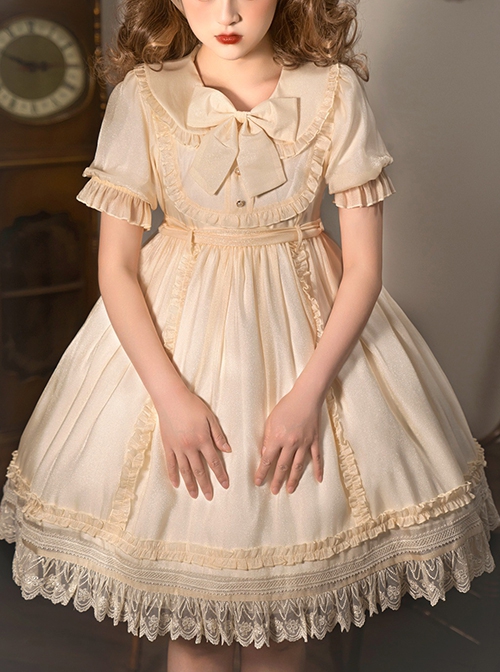 Solid Color Retro Doll Collar Summer Bow Puff Sleeve Lace Hem Classic Lolita Short Sleeve Dress