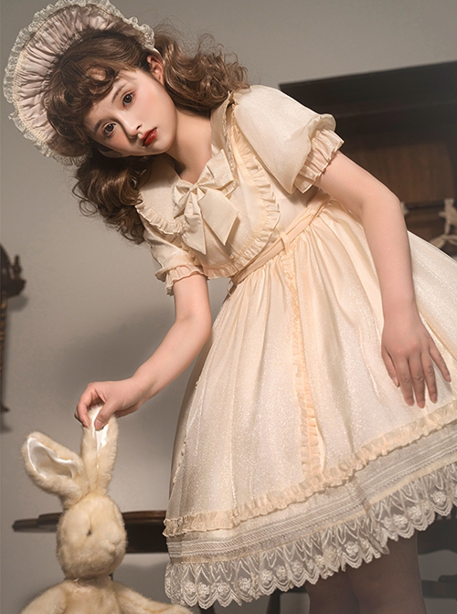 Solid Color Retro Doll Collar Summer Bow Puff Sleeve Lace Hem Classic Lolita Short Sleeve Dress