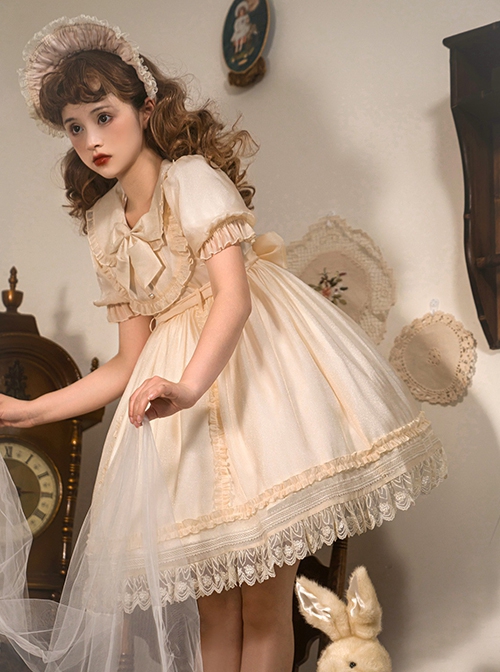 Solid Color Retro Doll Collar Summer Bow Puff Sleeve Lace Hem Classic Lolita Short Sleeve Dress