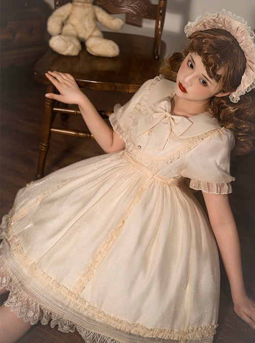 Solid Color Retro Doll Collar Summer Bow Puff Sleeve Lace Hem Classic Lolita Short Sleeve Dress