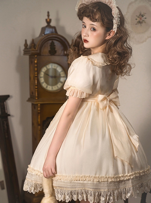 Solid Color Retro Doll Collar Summer Bow Puff Sleeve Lace Hem Classic Lolita Short Sleeve Dress