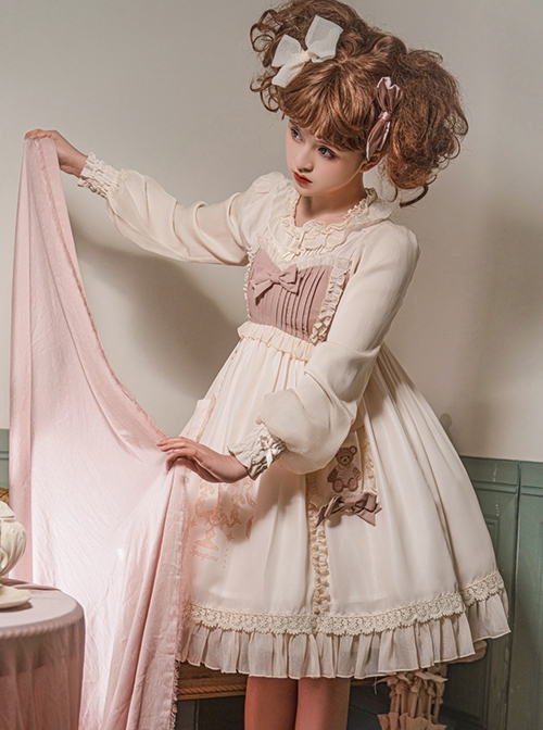 Cute Little Bear Embroidery Bow-Knot Lace Gentle Sweet Lolita Sleeveless Dress