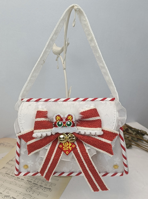 Chinese Style Cute Little Tiger Embroidered Red-White Bow Bell One-Shoulder Hand-Held Messenger Bag Classic Lolita Bag