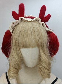 Solid Color Winter Cute Plush Antlers Lace Headband Classic Lolita Warm Windproof Ear Muffs