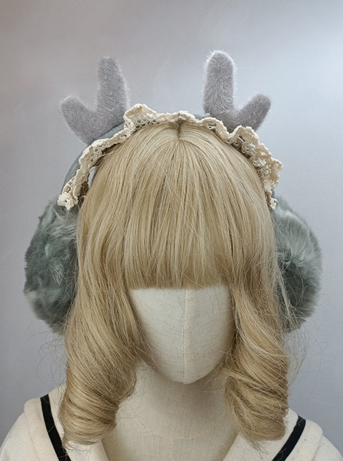 Solid Color Winter Cute Plush Antlers Lace Headband Classic Lolita Warm Windproof Ear Muffs