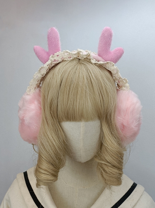 Solid Color Winter Cute Plush Antlers Lace Headband Classic Lolita Warm Windproof Ear Muffs