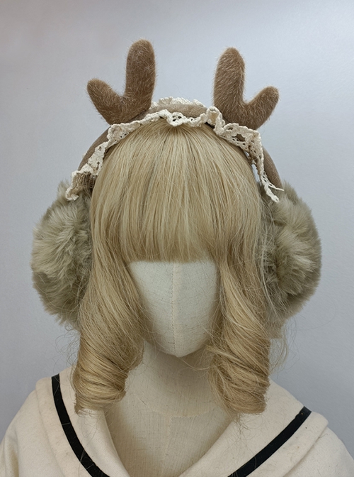 Solid Color Winter Cute Plush Antlers Lace Headband Classic Lolita Warm Windproof Ear Muffs