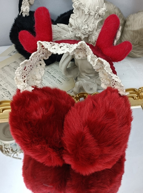 Solid Color Winter Cute Plush Antlers Lace Headband Classic Lolita Warm Windproof Ear Muffs