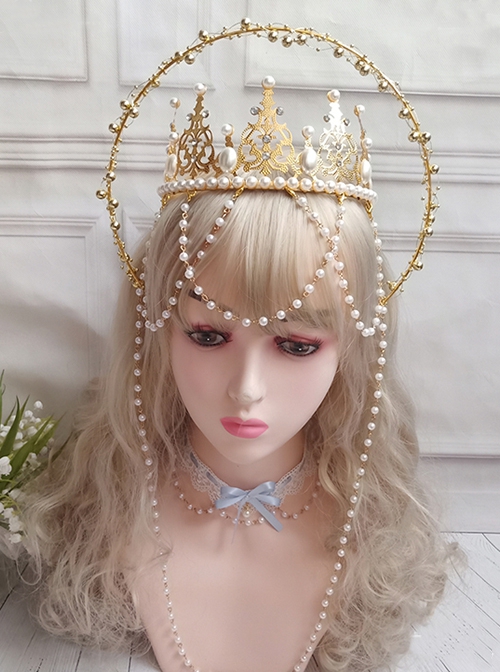 Gorgeous Tea Party Flower Married Our Lady Halo Crown Bead Chain Classic Lolita Headdress