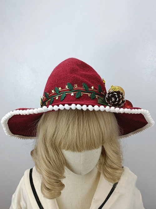 Red Knit Autumn Winter Christmas Peaked Fur Ball Bow-Knot Hat