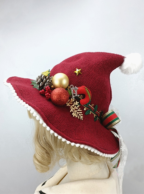 Red Knit Autumn Winter Christmas Peaked Fur Ball Bow-Knot Hat