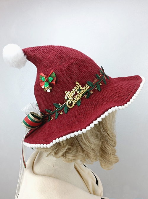 Red Knit Autumn Winter Christmas Peaked Fur Ball Bow-Knot Hat