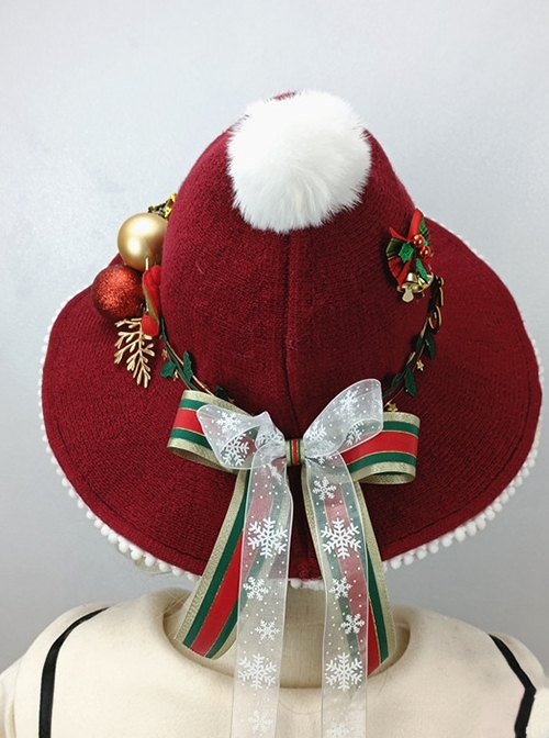 Red Knit Autumn Winter Christmas Peaked Fur Ball Bow-Knot Hat