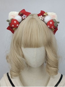 Strawberry Hair Ball Bow-Knot Cute Pink-White Cat Ears Daily Christmas Sweet Lolita Hair Clip